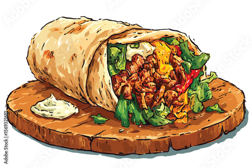 Half of shawarma with sauce on the wooden board isolated