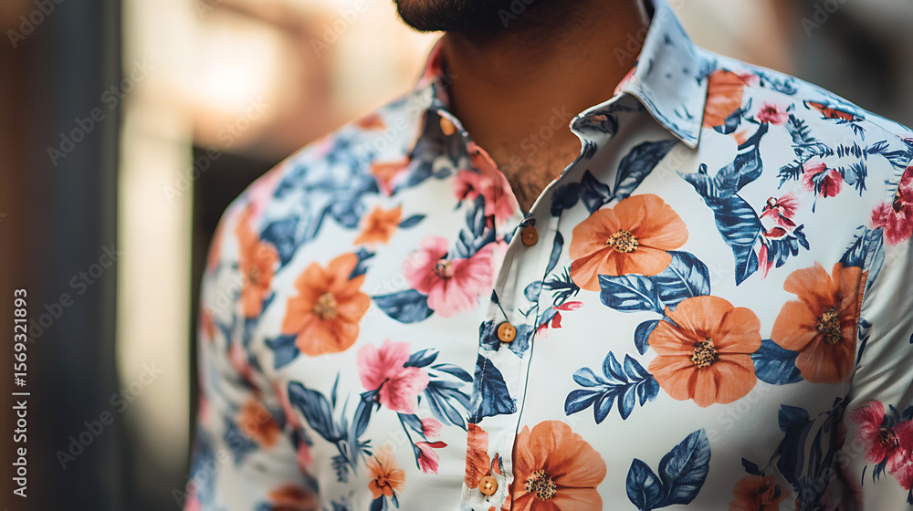 Fototapeta premium A man showcasing bold floral patterns on slim-fitted shirts perfect for summer brunch 