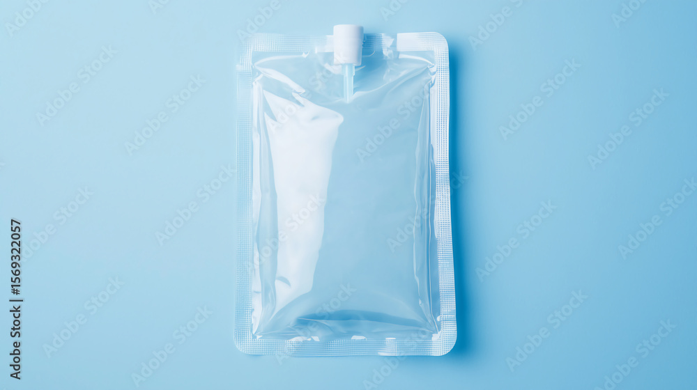 A clear, flexible plastic pouch with a white cap, designed for holding liquids, placed on a light blue background. A clear, flexible plastic pouch with a white cap, designed for holding liquids, placed on a light blue background.