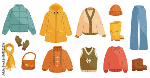 Cozy autumn and winter clothes set. Hand-drawn vector collection of warm seasonal outfits.