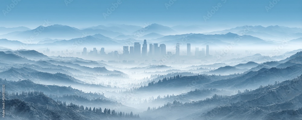 Obraz premium A serene landscape featuring a cityscape shrouded in mist, surrounded by rolling hills