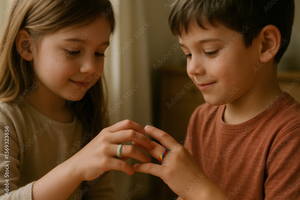 Two young siblings exchanging colorful rings, enjoying a playful moment together in the comfort of their home Two young siblings exchanging colorful rings, enjoying a playful moment together in the comfort of their home