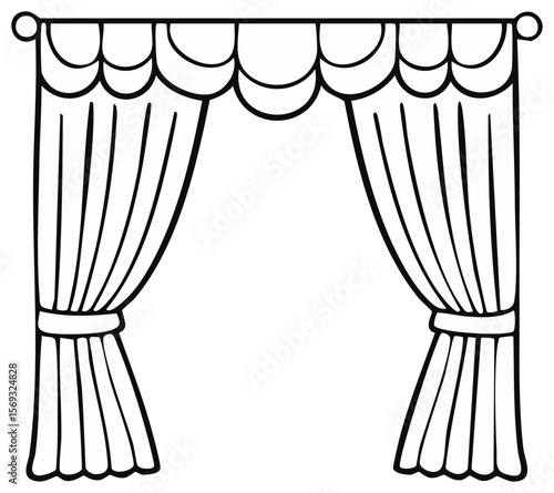 Elegant White Curtain Illustration with Scalloped Valance on Transparent Background, Stage Design Element