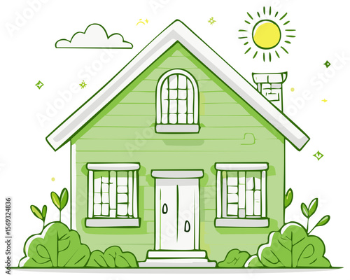 Illustration of a green house with a white roof and trim, surrounded by green bushes under a sun, a cloud, and stars in the sky