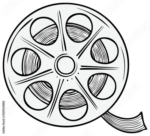 Elegant film reel illustration with film strip, vector monochrome icon for cinematography and media production, vintage style, detailed hatching