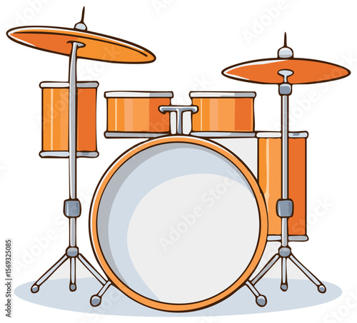 Orange Drum Set Illustration: A stylized cartoon illustration of a complete drum kit with cymbals, drums, and stands. Modern vector graphic.
