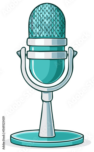 Teal cartoon retro microphone on a stand perfect for podcasting or singing on a transparent background