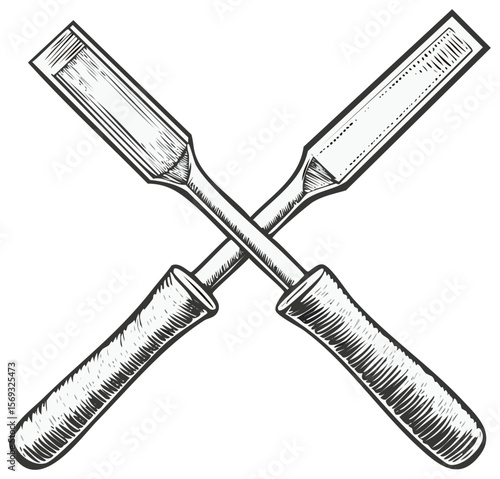 Crossed chisels illustration featuring engraving style, woodworking tools depicted with a vintage craftmanship aesthetic, DIY project