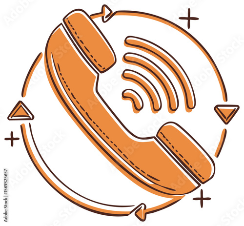 Retro Telephone Handset with Communication Symbolism, Vintage Phone Receiver Surrounded by Arrows and Plus Signs