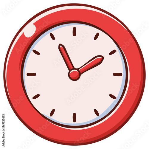 Cartoon red analog wall clock shows the time, a stylized vector illustration, design element, educational time tool.
