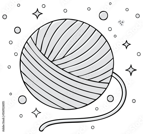Illustration of a ball of yarn with string unraveled on black starry background, craft and hobby supplies icon art.