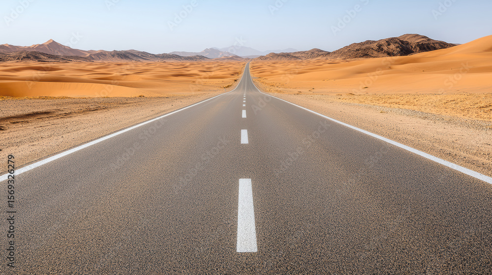 Fototapeta premium Endless road stretches through golden desert landscape, inviting adventure and exploration