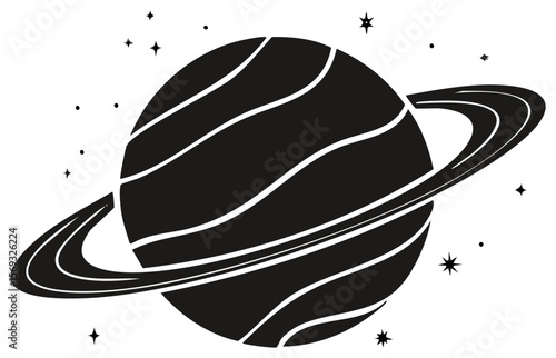 Monochrome planet with rings and stars in a black night sky, cosmic design for science and astronomy lovers.