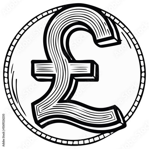 Engraved Pound Symbol Inside Coin, High-Contrast Graphic Illustration for Financial Concepts and Design Resources