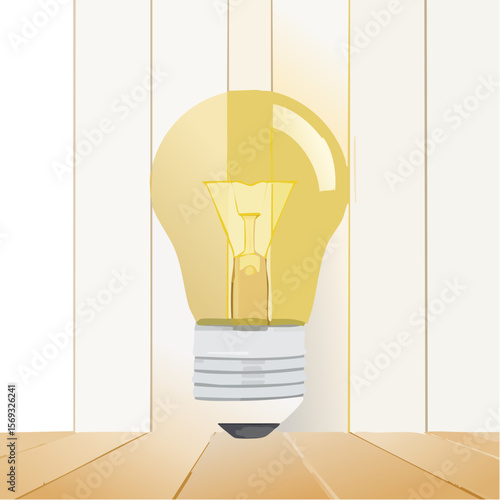 Bright Idea: Illustration of a Lit Light Bulb on a Wooden Surface