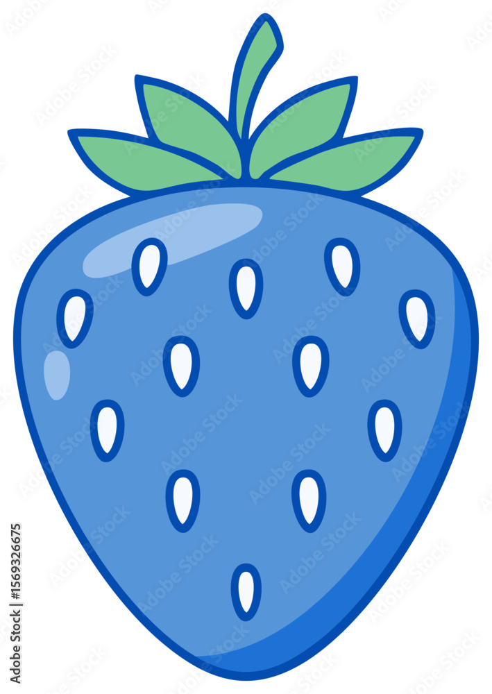 Obraz premium Blue Cartoonish Strawberry with White Seeds and Green Leaves Isolated on Black Background