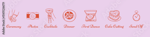 Wedding timeline icons in hand drawn doodle style with first dance, cocktail hour, cake, romantic ceremony, photos, dinner symbols. Vector linear wedding for event planning, stationary, signage.