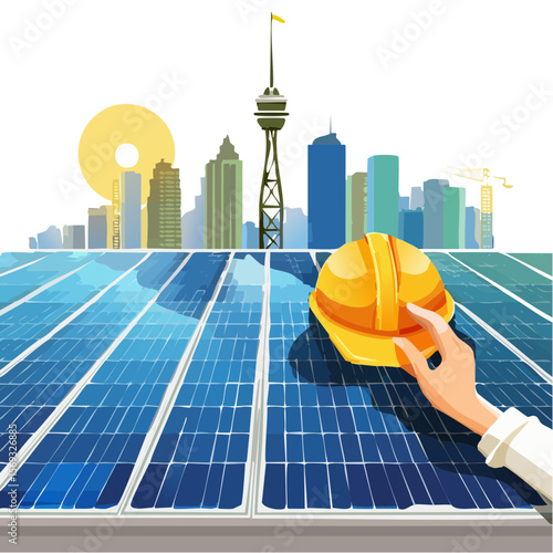 Solar Panel Installation with Hard Hat and Cityscape Backdrop