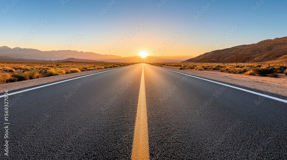 Naklejka premium Endless road stretching into horizon at sunrise, surrounded by desert landscape