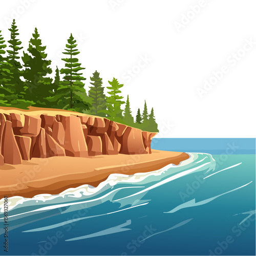 Coastal Cliff Landscape with Trees and Ocean Waves - Tranquil Scene