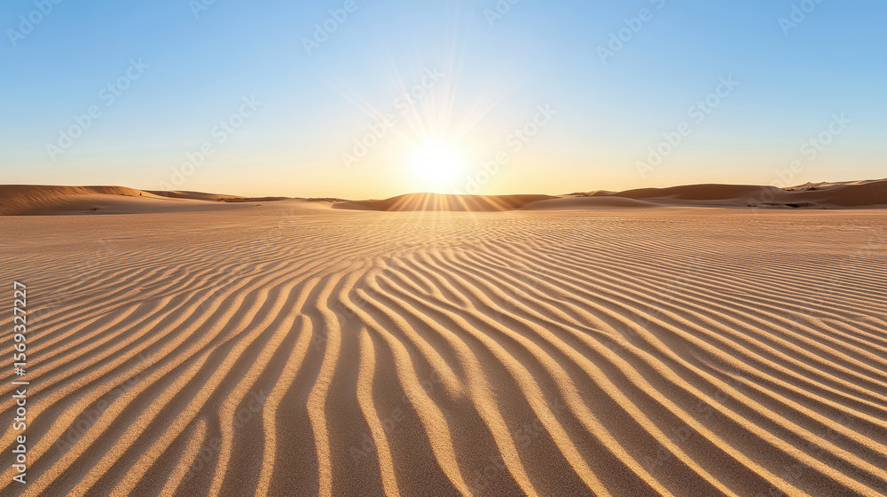 Naklejka premium Endless sand plain with rippling patterns under bright sun, creating serene atmosphere