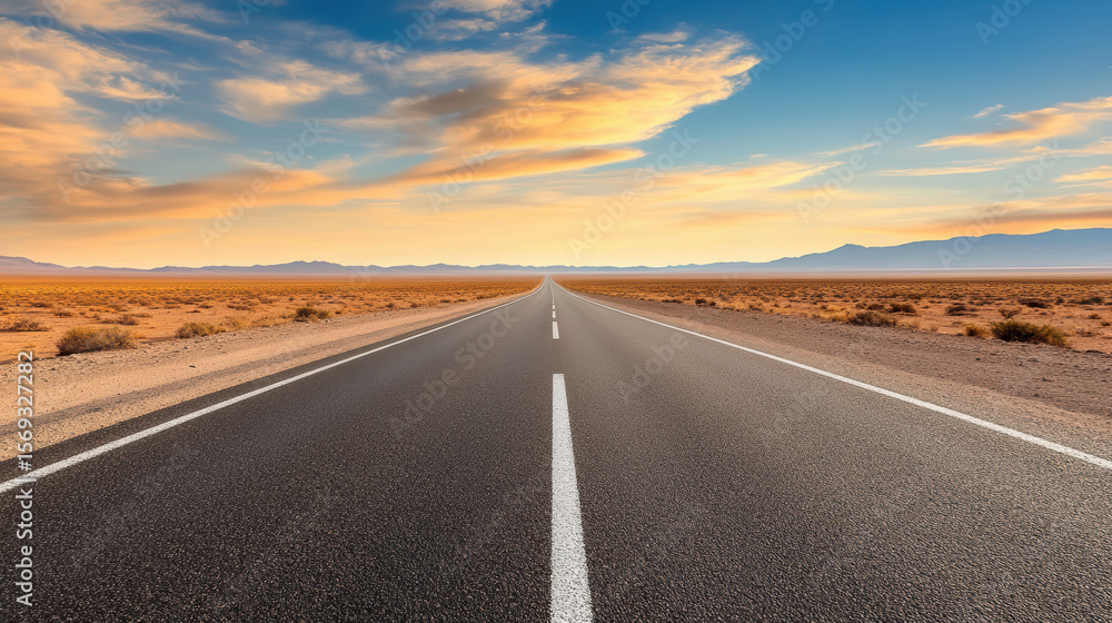 Fototapeta premium Endless stretch of road through silent desert basin under vibrant sky