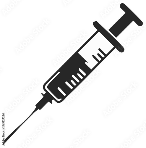 Isolated black and white illustration of a syringe with filler for medical or scientific applications, vaccination and health care topics.