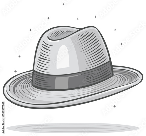 Isolated fedora style hat with shadow floating in a starlit dark background, vector illustration, close up detailed.