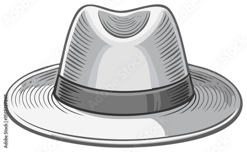 Stylized Fedora Hat with Detailed Hatching and a Gray Color Palette on Transparent Background