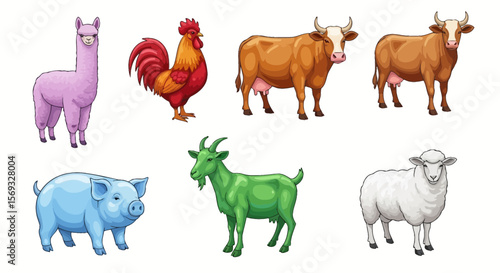 Vector farm animals vector illustration featuring llama rooster cows pig goat and sheep for educational resources