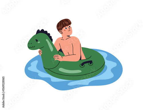 Happy boy is floating on inflatable circle in swimming pool in aquapark. Cute kid with lifebuoy with dino shape in water in sea resort in summer. Flat isolated vector illustration on white background