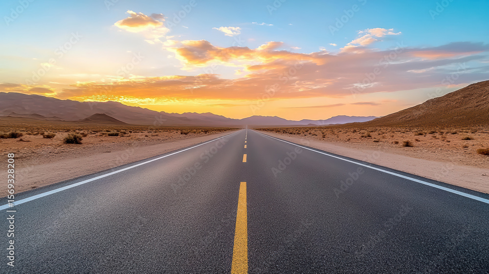 Fototapeta premium Vast open desert highway stretches colorful sunrise, evoking sense of adventure and freedom