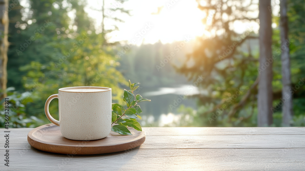 Serene coffee cup on wooden plate, surrounded by nature beauty, invites relaxation Serene coffee cup on wooden plate, surrounded by nature beauty, invites relaxation