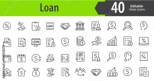 Loan Line Icons, Loan Application, Interest Rate, Money Bag, EMI, Approval Stamp, Editable Formats: AI, EPS, PNG, JPG, Ideal for Both Digital and Print Use
