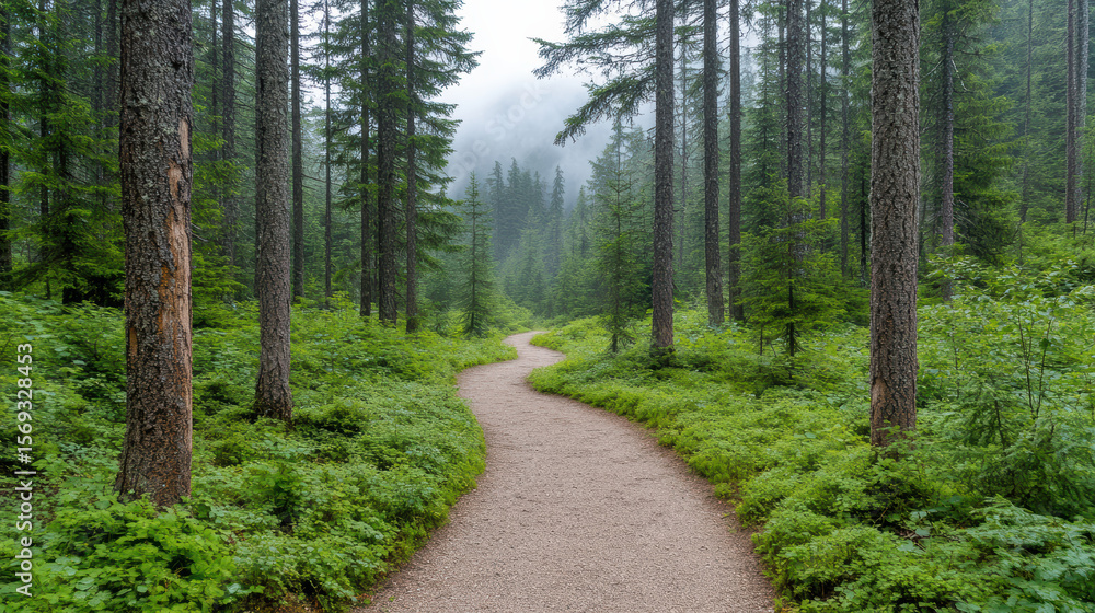 Fototapeta premium Winding forest trail surrounded by tall pine trees and lush greenery creates serene atmosphere