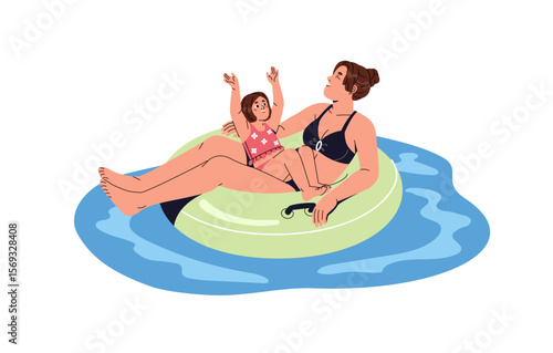 Happy family floating on inflatable circle together. Mother, kid relax on lifebuoy on water in aquapark. Parent, child have fun in swimming pool in summer. Flat isolated vector illustration on white