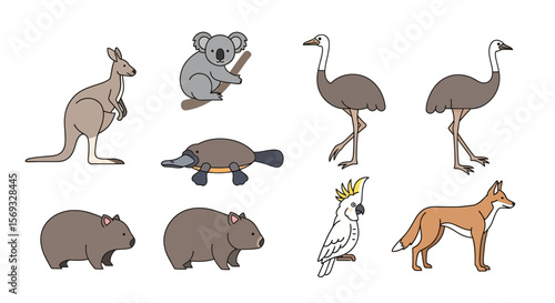 Vector australian wildlife animals vector illustration featuring kangaroo koala platypus emu wombat cockatoo and dingo