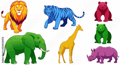Vector colorful cartoon animals illustration featuring lion tiger elephant giraffe bear and rhinoceros art design