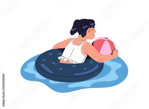 Little girl plays ball floating on inflatable circle in swimming pool in summer. Kid with lifebuoy has fun on water in aquapark back view. Flat isolated vector illustration on white background