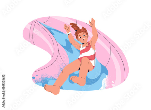 Happy kid is on water slides in aquapark. Excited child has fun on waterslide with hands up. Little girl in swimsuit playing in swimming pool in summer. Flat isolated vector illustration on white