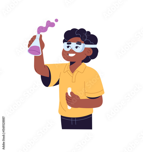 Student does experiment, school project by Chemistry. Little boy does science in chemical lab. Kid inventor holds tubes, learning in laboratory. Flat isolated vector illustration on white background