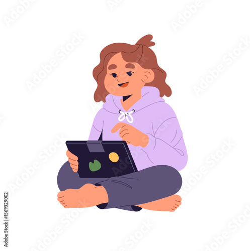 Happy little girl holds device, surfing Internet. Kid with tablet in hands communicates online. Child texting in social networks, watches videos, play games. Flat isolated vector illustration on white