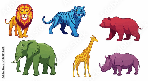 Vector cartoon vector illustration of african animals lion tiger bear elephant giraffe and rhinoceros isolated