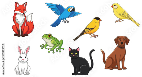 Vector cartoon animals illustration featuring fox parrot canary frog rabbit cat dog and other wildlife species