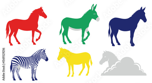 Vector colorful horse donkey zebra animal silhouettes vector illustration graphic design clip art image for kids and adults