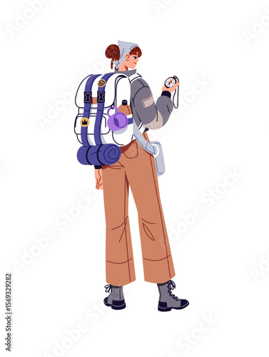 Tourist with backpack navigates with compass in hiking. Hiker with knapsack looks for direction. Women travels with trekking rucksack back view. Flat isolated vector illustration on white background