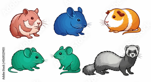 Vector adorable cartoon rodents including hamster chinchilla guinea pig mouse and ferret pet illustration art