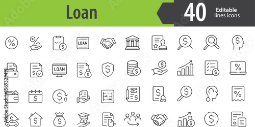 Loan Line Icons, Loan Application, Interest Rate, Money Bag, EMI, Approval Stamp, Editable Formats: AI, EPS, PNG, JPG, Ideal for Both Digital and Print Use
