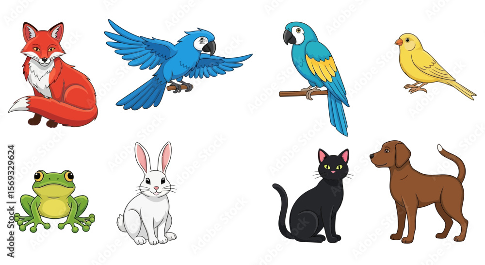 Naklejka premium Vector cartoon animals illustration fox parrot canary frog rabbit cat dog vector drawing educational resource art