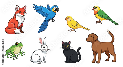 Vector illustration of diverse animals fox parrot canary budgie frog rabbit cat dog animal vector art 100